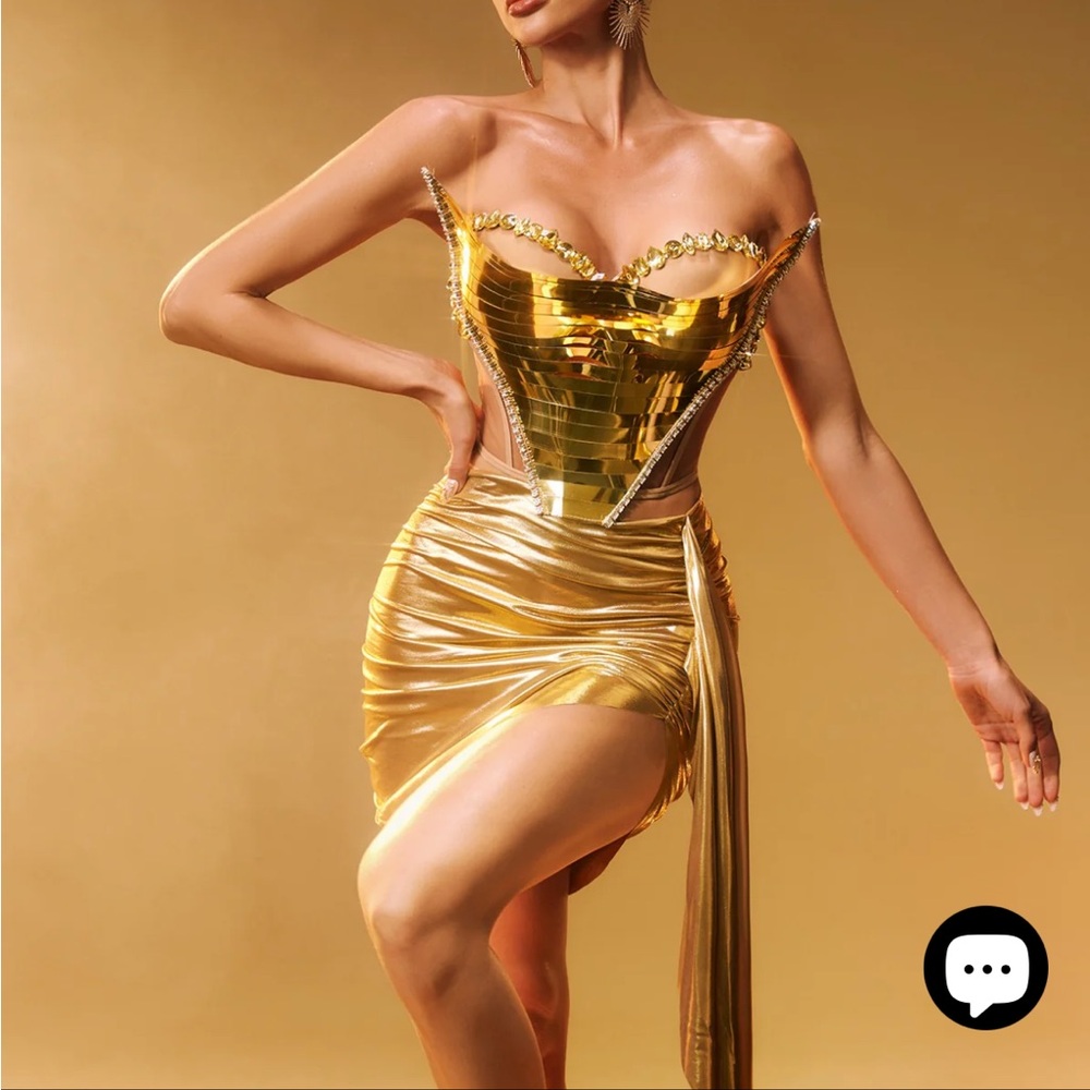 Keisha Rhinestone Metallic Skirt Set In Gold - Picture 5 of 8